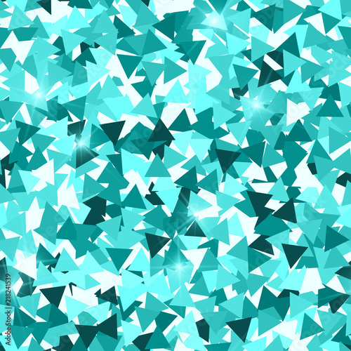 Glitter seamless texture. Adorable emerald particles. Endless pattern made of sparkling triangles. I