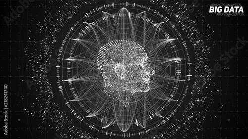 Human Big data visualization. Futuristic Artificial intelligence concept. Cyber mind aesthetic design. Machine learning. Complex data threads in form of head side view and binary data.