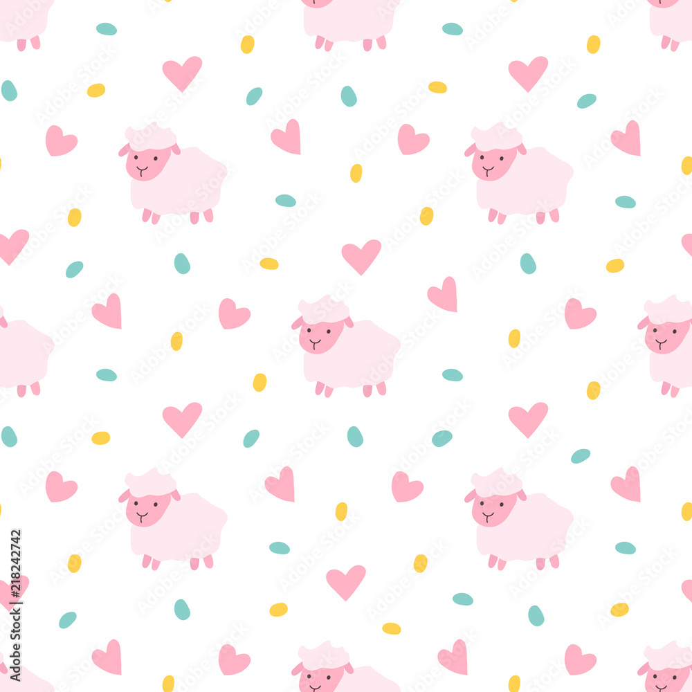 Vector seamless pattern of cartoon pink sheep with dots and hear