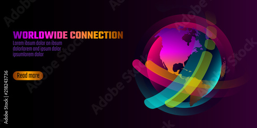 Colorful vibrant globe planet shape banner. Virtual reality space iridescent fluid gradient neon shapes. Liquid splash bubble. Augmented media. Worldwide connection technology vector illustration