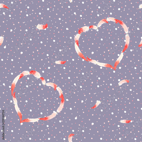 Seamless pattern, background. with pink flamingo feathers on a soft ultra violet and dots background. Stock vector illustration.