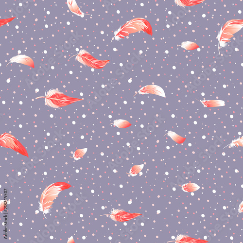 Seamless pattern, background. with pink flamingo feathers on a soft ultra violet and dots background. Stock vector illustration.