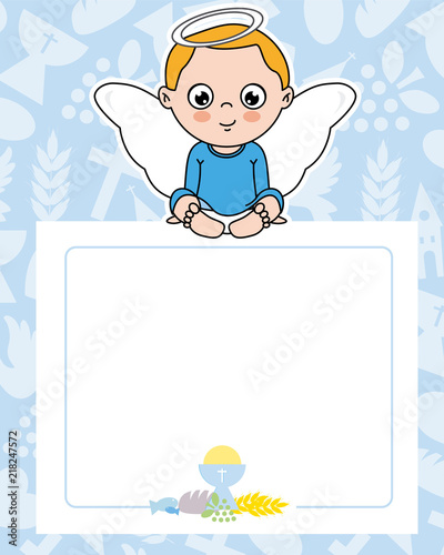communion card. angel boy with wings sitting on top of a frame. space for text
