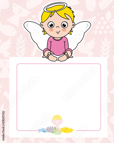 communion card. angel girl with wings on top of poster. space for text