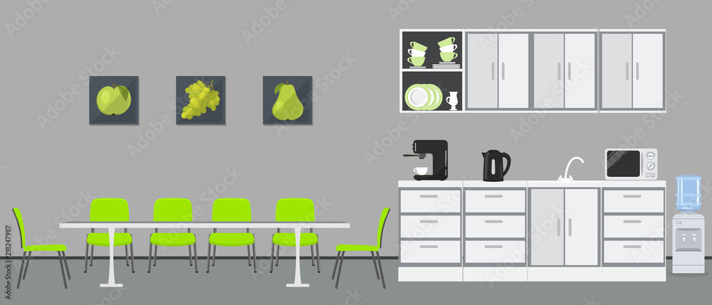 Office kitchen. Dining room in office. There are kitchen cabinets, a table, green chairs, microwave, kettle and coffee machine in the image. There are pictures with green fruits on the wall. Vector