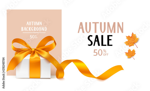 Autumn Sale template design. Vector background with gift box and yellow maple leaves