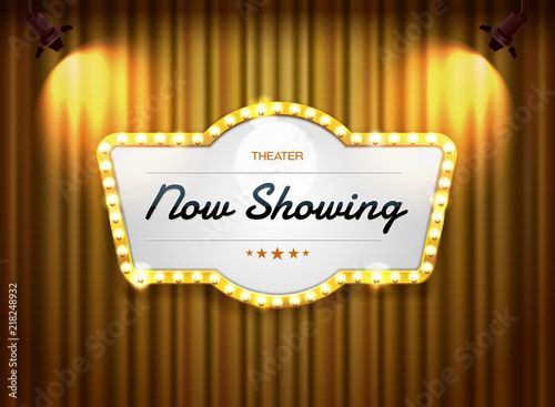theater sign on curtain with spotlight vector illustration
