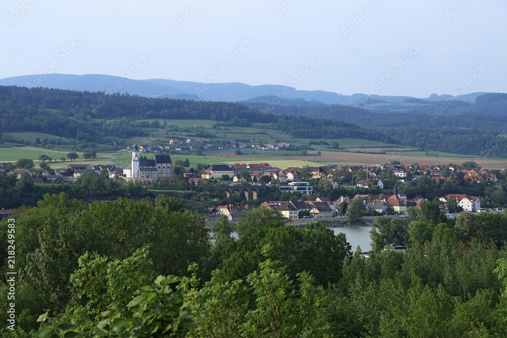 View from Melk Abbey garden - famous hilltop Benedictine monastery, Austria - to the Emmersdorf town and Donau river
