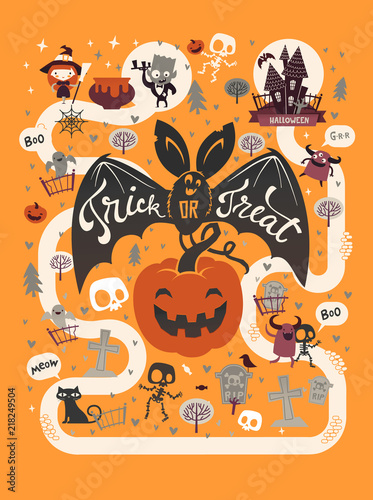 Happy Halloween flyer template in a flat style with festive map, funny and spooky cartoon characters and place for text. Vector illustration for party invitation, greeting card, announcement banner.