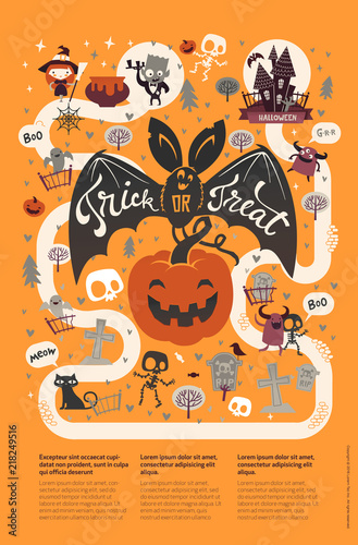 Happy Halloween flyer template in a flat style with funny and spooky cartoon characters and place for text. Vector illustration for festive party invitation, greeting card, announcement banner.