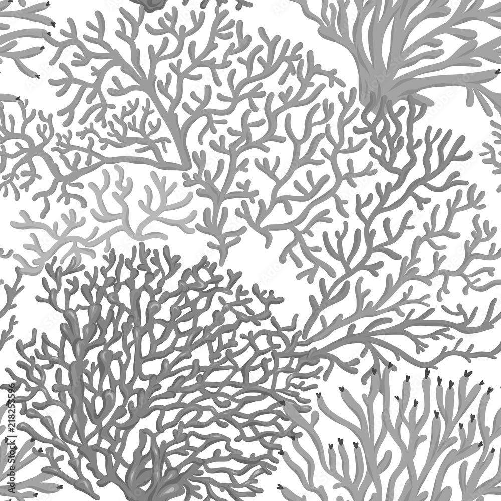 Fototapeta premium Sea world seamless pattern, background with fish, corals and shells on white background. Stock vector illustration. In monochrome gray colors