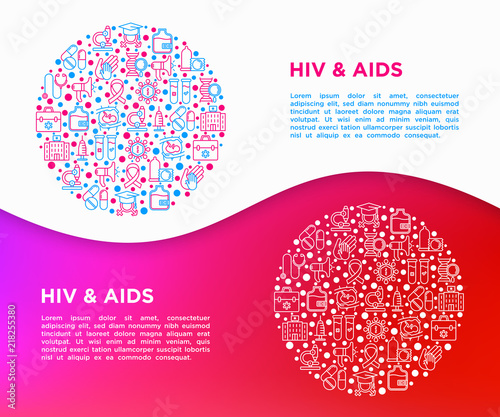 HIV and AIDs concept in circle with thin line icons: safe sex, blood transfusion, syringe, AIDs ribbon, blood test, microscope, genetic engeering. Modern vector illustration, print media template.