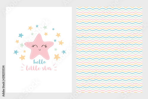 Hello Little Star Vector Illustration Set. Hand Drawn Design. Smiling Pink Star. White Background. Baby Shower Theme.