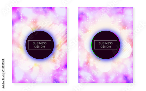 Bauhaus cover set with liquid shapes. Neon luminous  background with fluorescent purple. Graphic template for brochure, banner, wallpaper, mobile screen. Refulgent bauhaus cover set.