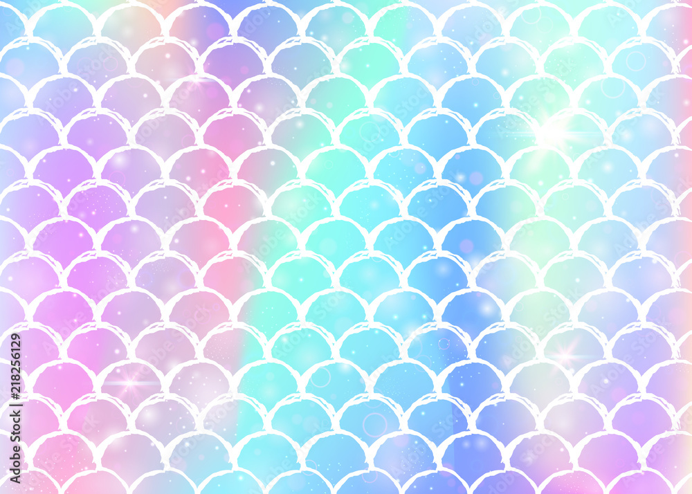 Rainbow scales background with kawaii mermaid princess pattern. Fish tail banner with magic sparkles and stars. Sea fantasy invitation for girlie party. Multicolor backdrop with rainbow scales. Rainbow scales background with kawaii mermaid princess pattern. Fish tail banner with magic sparkles and stars. Sea fantasy invitation for girlie party. Multicolor backdrop with rainbow scales.