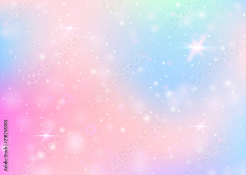Holographic background with rainbow mesh. Colorful universe banner in princess colors. Fantasy gradient backdrop with hologram. Holographic unicorn background with fairy sparkles, stars and blurs.