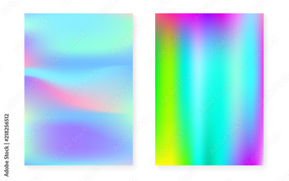 Holographic cover set with hologram gradient background. 90s, 80s retro style. Pearlescent graphic template for brochure, banner, wallpaper, mobile screen. Rainbow minimal holographic cover.