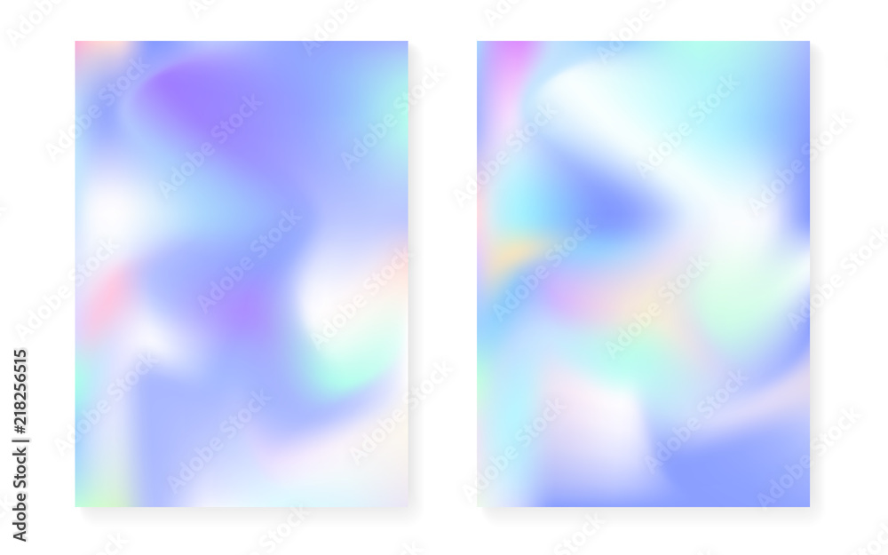 Holographic cover set with hologram gradient background. 90s, 80s retro style. Pearlescent graphic template for flyer, poster, banner, mobile app. Multicolor minimal holographic cover.