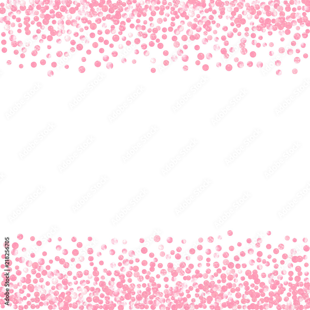 Pink glitter dots confetti on isolated backdrop. Random falling sequins with glossy sparkles. Template with pink glitter dots for party invitation, bridal shower and save the date invite.