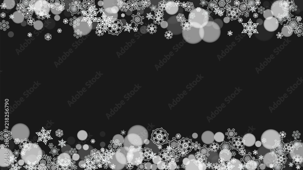 Christmas snow on black background. New year theme. Horizontal frame for winter banner, gift coupon, voucher, ad, party event. New Year and Christmas snow design. Falling snowflakes for celebration Christmas snow on black background. New year theme. Horizontal frame for winter banner, gift coupon, voucher, ad, party event. New Year and Christmas snow design. Falling snowflakes for celebration