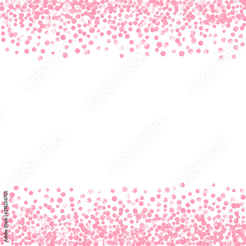 Pink glitter dots confetti on isolated backdrop. Random falling sequins with glossy sparkles. Template with pink glitter dots for party invitation, bridal shower and save the date invite.