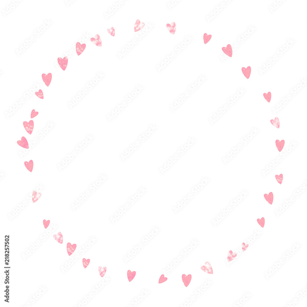 Pink glitter hearts confetti on isolated backdrop. Falling sequins with metallic shimmer. Template with pink glitter hearts for party invitation, event banner, flyer, birthday card.