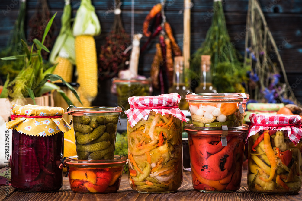 Variety of Marinated Pickled and Fermented vegetables food in jars