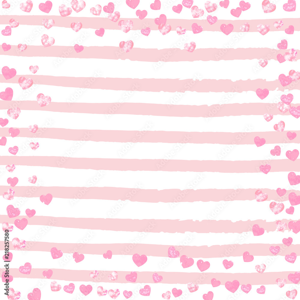 Pink glitter hearts confetti on white stripes. Shiny random falling sequins with shimmer. Design with pink glitter hearts for greeting card, bridal shower and save the date invite. Pink glitter hearts confetti on white stripes. Shiny random falling sequins with shimmer. Design with pink glitter hearts for greeting card, bridal shower and save the date invite.