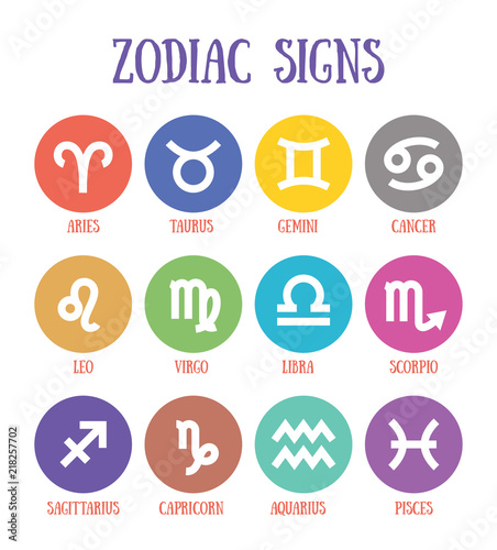 Zodiac signs: aquarius, libra, leo, taurus, cancer, pisces, virgo, capricorn, sagittarius, aries, gemini, scorpio. Astrological calendar collection, zodiacal color vector horoscope. Colorful elements
