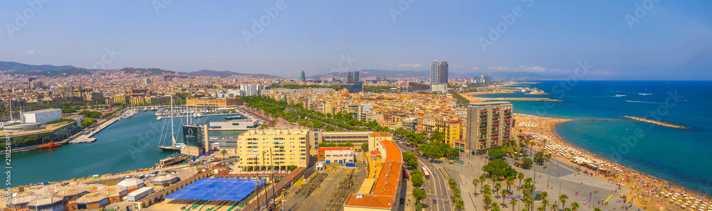 Panorama of Barcelona – beautiful air view of the beaches, Central area (Catalonia, Spain)