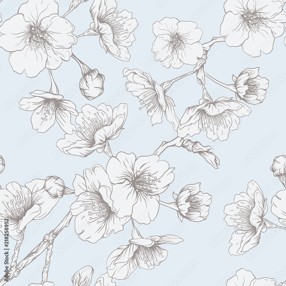 Seamless pattern, background with blooming cherry japanese sakura in vintage blue and beige colors. Stock vector illustration.
