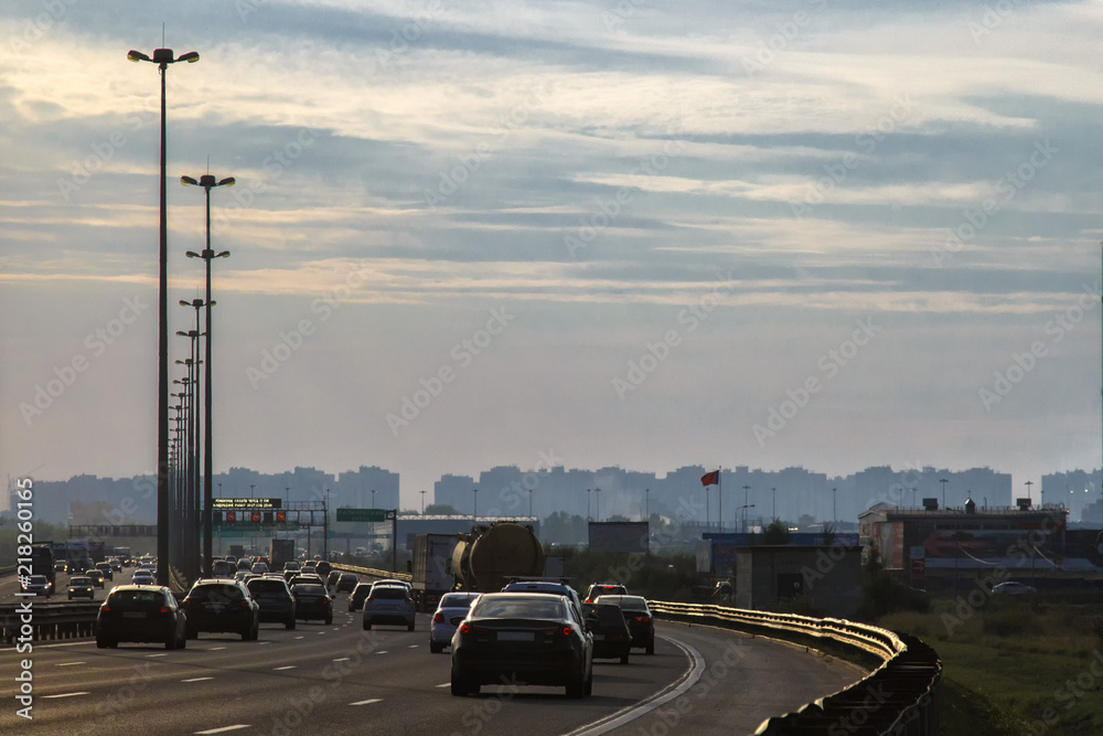 traffic cars rushing into the city and out of town. Ring Road St. Petersburg July 2018