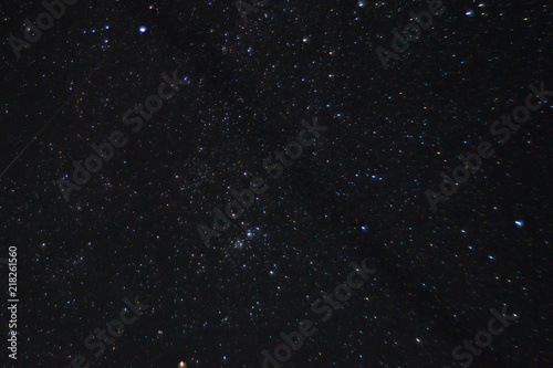 Long exposure night photo. A lot of stars with constellations. Far from the city. Night landscape.