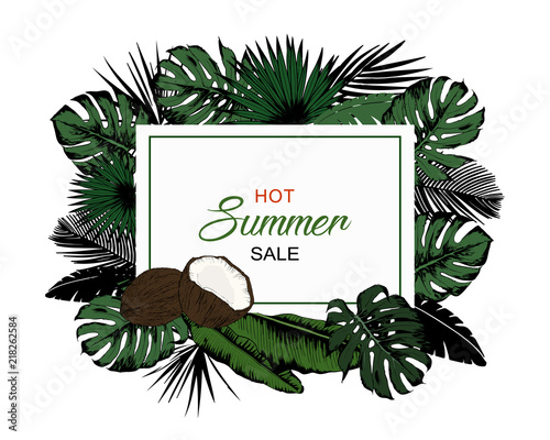 Illustration of various exotic leaves with horizontal banner on white background