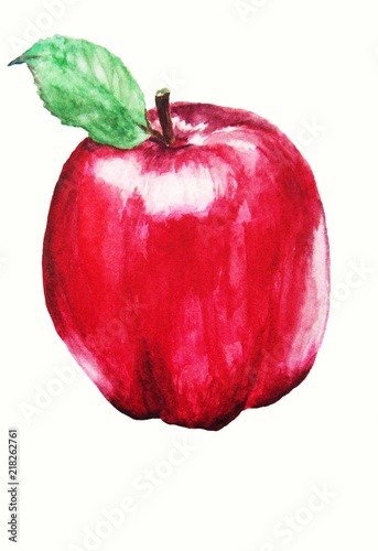 Red watercolor apple, fruit, leaf