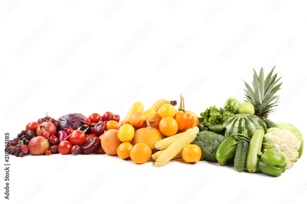 Ripe fruits and vegetables on white background Ripe fruits and vegetables on white background
