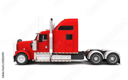 Logistics concept. American red Freightliner cargo truck without a container moving from right to left isolated on white background. Right side view. 3D illustration