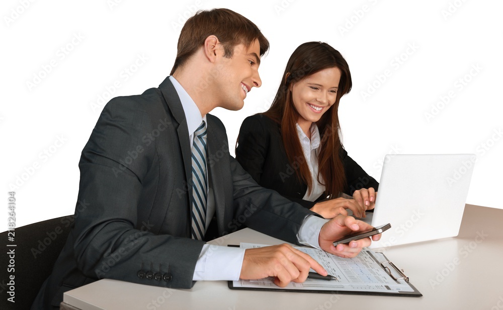 Happy Employees Using a Computer - Isolated Happy Employees Using a Computer - Isolated