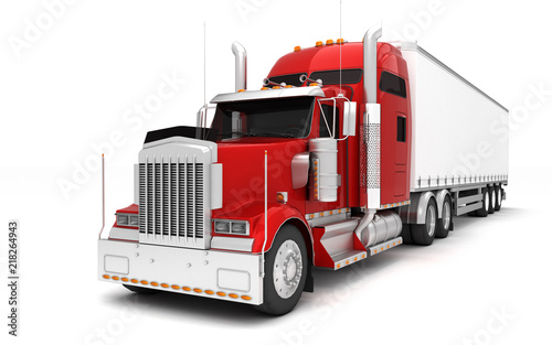 Logistics concept. American red Freightliner cargo truck with container moving from right to left isolated on white background. Perspective. front side view. 3D illustration