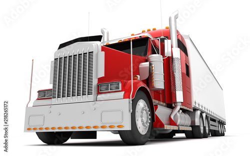 Logistics concept. American red Freightliner cargo truck with container moving from right to left isolated on white background. Perspective. front side view. Bottom view. 3D illustration