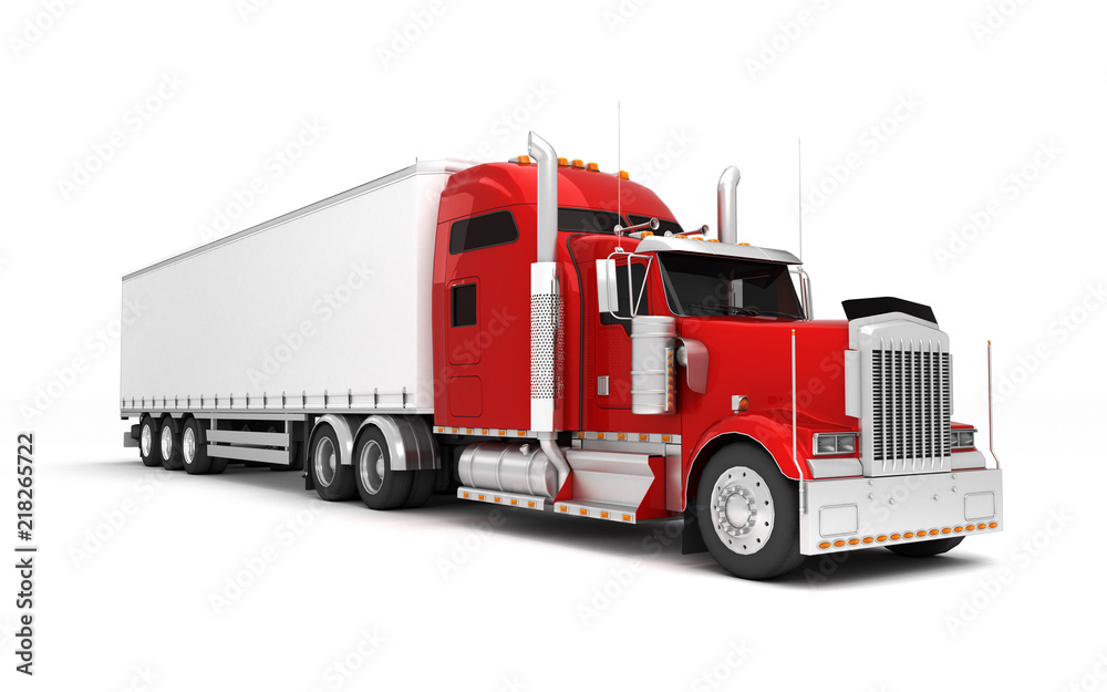 Logistics concept. American red Freightliner cargo truck with container moving left to right isolated on white background. Perspective. front side view. 3D illustration