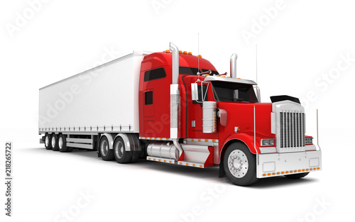 Logistics concept. American red Freightliner cargo truck with container moving left to right isolated on white background. Perspective. front side view. 3D illustration
