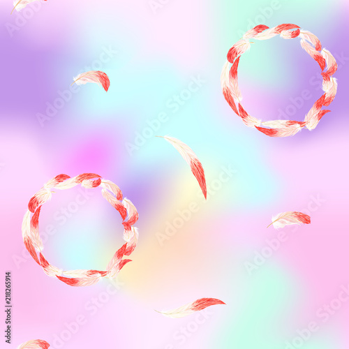 Seamless pattern, background. with pink flamingo feathers on In light ultra violet pastel colors on mesh pink, blue background. Stock vector illustration.