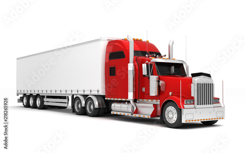 Logistics concept. American red Freightliner cargo truck with container moving left to right isolated on white background. Perspective. front side view. 3D illustration