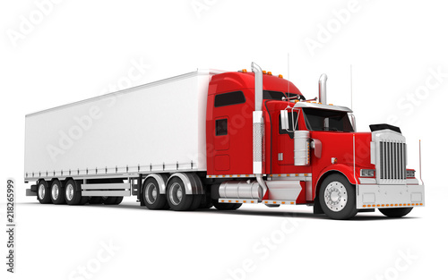 Logistics concept. American red Freightliner cargo truck with container moving left to right isolated on white background. Perspective. front side view. 3D illustration