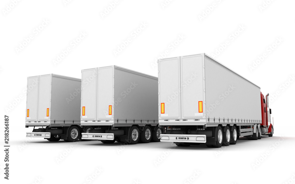 Logistics concept. Group of three red american Freightliner cargo trucks with containers stand in a row from left to right isolated on white background. Perspective. Rear view. 3D illustration