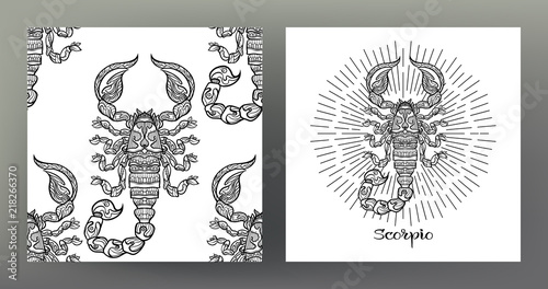 Scorpio. Set of Zodiac sign illustration on the sacred geometry symbol pattern and  seamless pattern with this sign. Black-and-white graphics. Stock vector illustration.