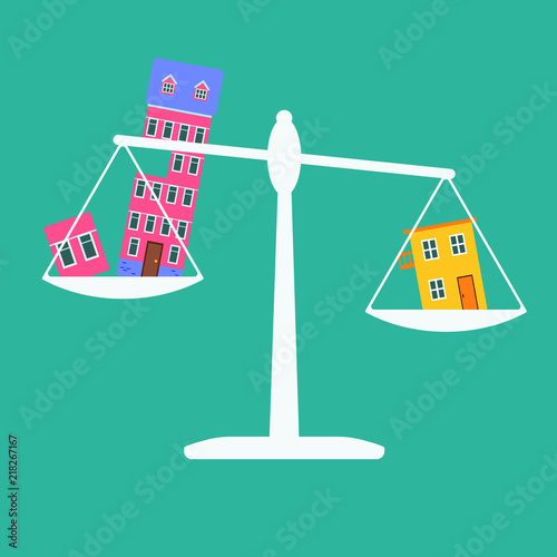 Vector real estate market concept. Scales with two bowls with house and apartment