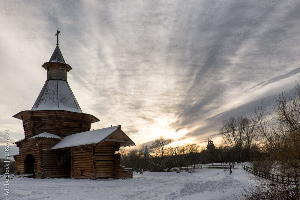Sunset. Museum of Wooden Architecture in Kolomenskoye Park. Moscow, Russia