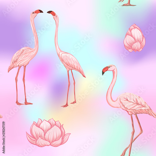 Seamless pattern, background. with pink flamingos and feathers on In light ultra violet pastel colors on mesh pink, blue background. Stock vector illustration.